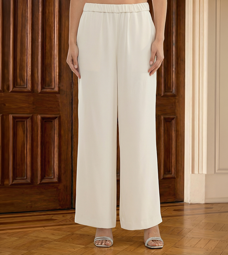 Solid Elastic Waist Wide Leg Pants