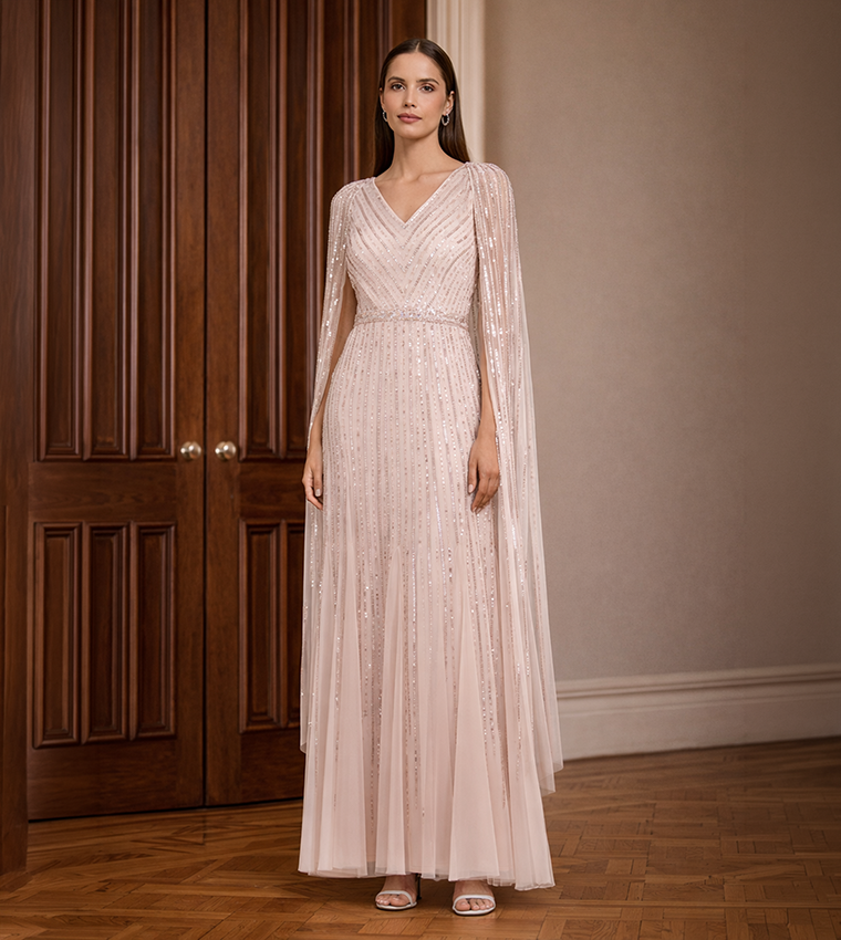 Sequined Cape Sleeves Maxi Dress