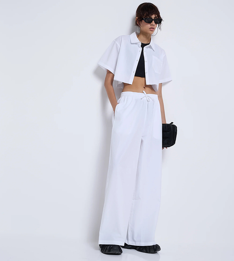 Solid Drawstring Waist Wide Leg Pants