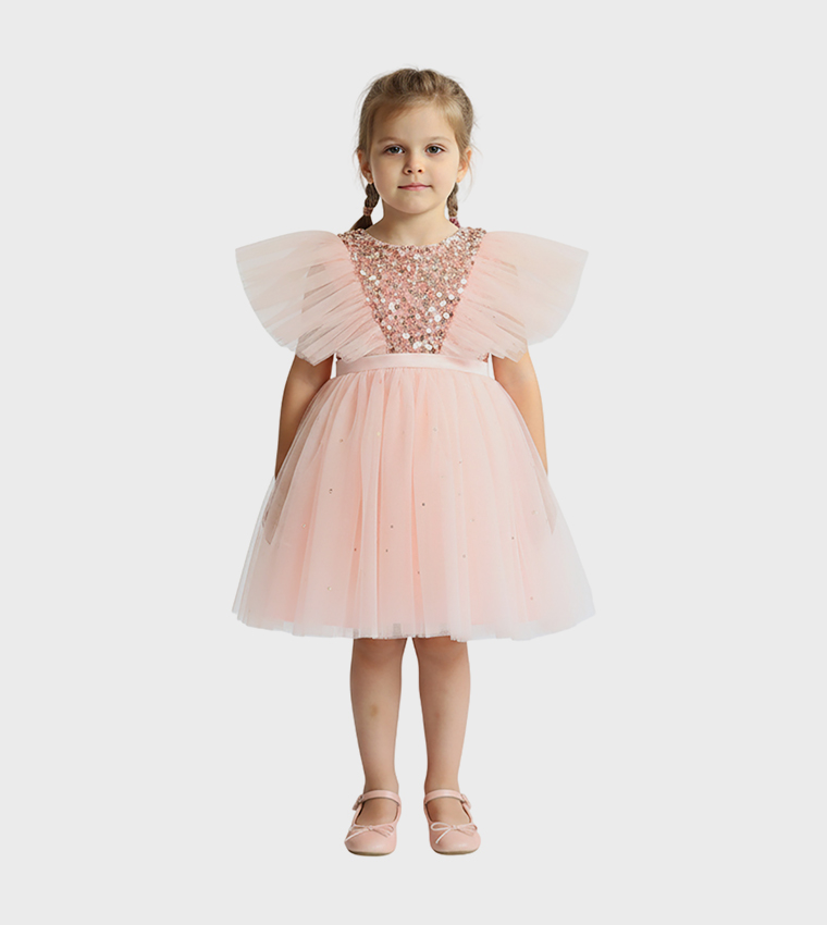 Sequins Embellished Flutter Sleeves Tulle Dress