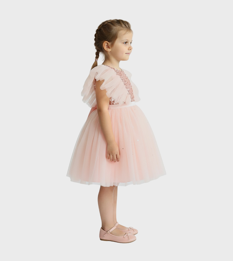 Sequins Embellished Flutter Sleeves Tulle Dress