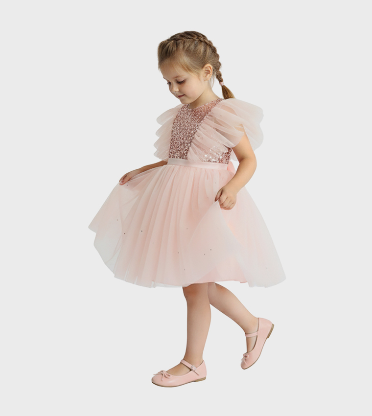 Sequins Embellished Flutter Sleeves Tulle Dress
