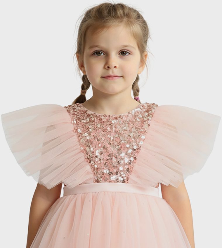 Sequins Embellished Flutter Sleeves Tulle Dress