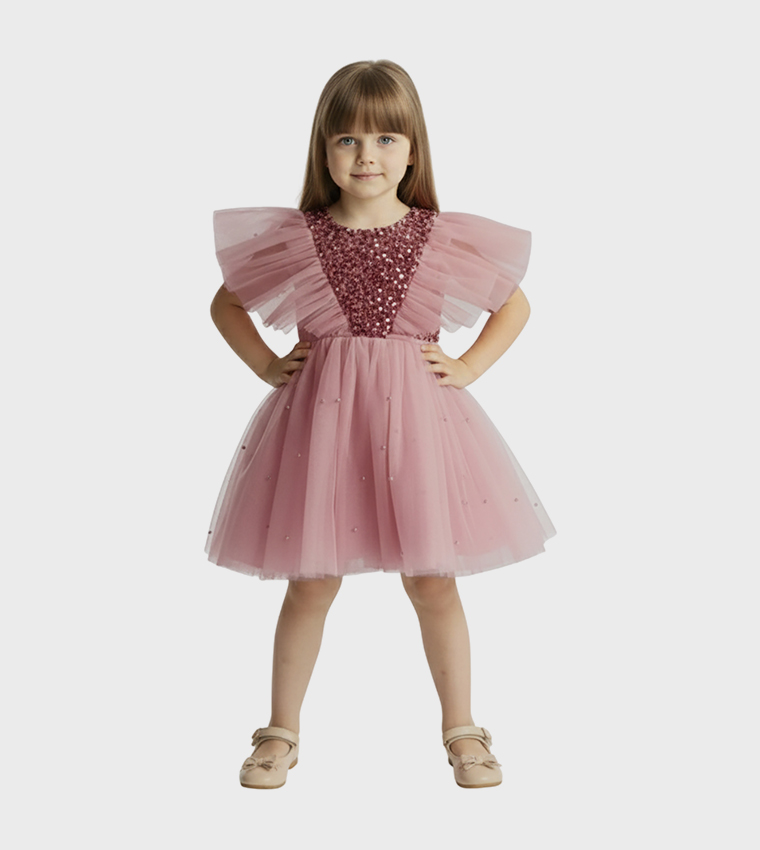 Sequins Embellished Flutter Sleeves Tulle Dress