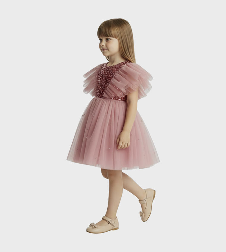 Sequins Embellished Flutter Sleeves Tulle Dress