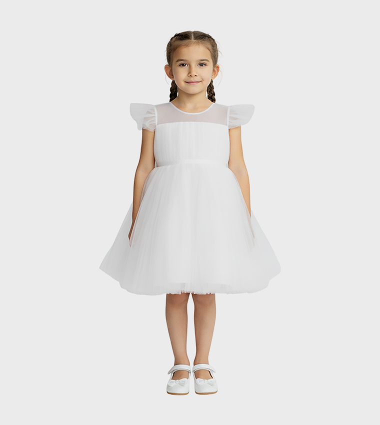 Flutter Sleeves Fit and Flare Tulle Dress