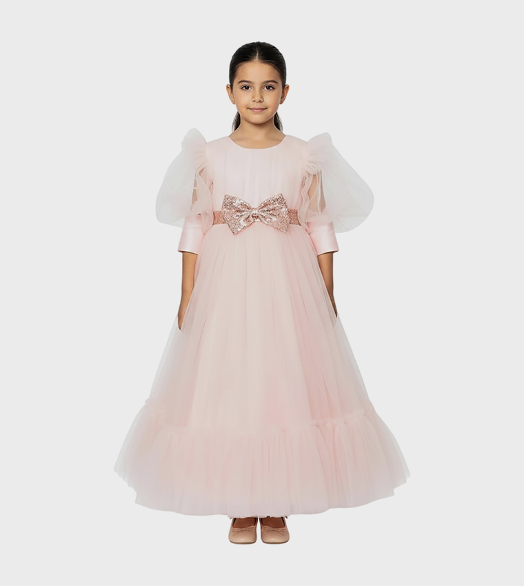 Bow Detailed Puff Sleeves Tulle Gown