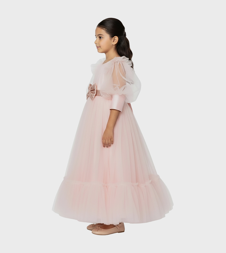 Bow Detailed Puff Sleeves Tulle Gown