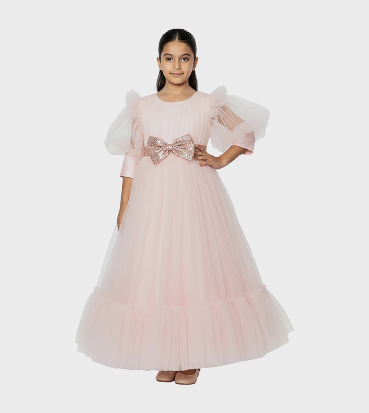 Bow Detailed Puff Sleeves Tulle Gown