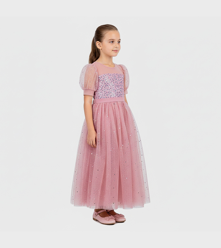 Sequin Puff Sleeves Party Gown