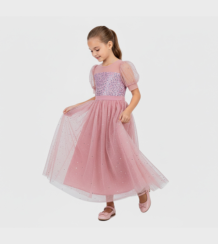 Sequin Puff Sleeves Party Gown