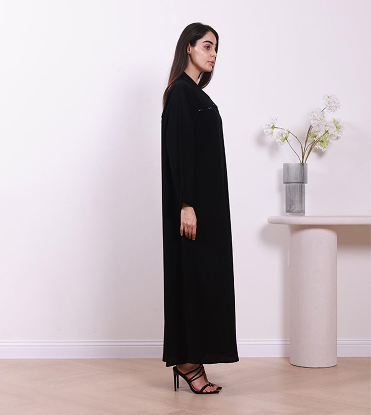 Solid V-Neck Zipper Abaya