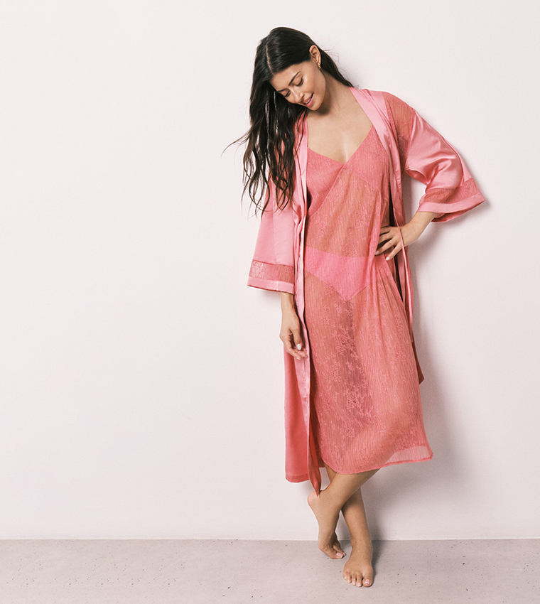 Satin Finish Lace Trim Night Robe