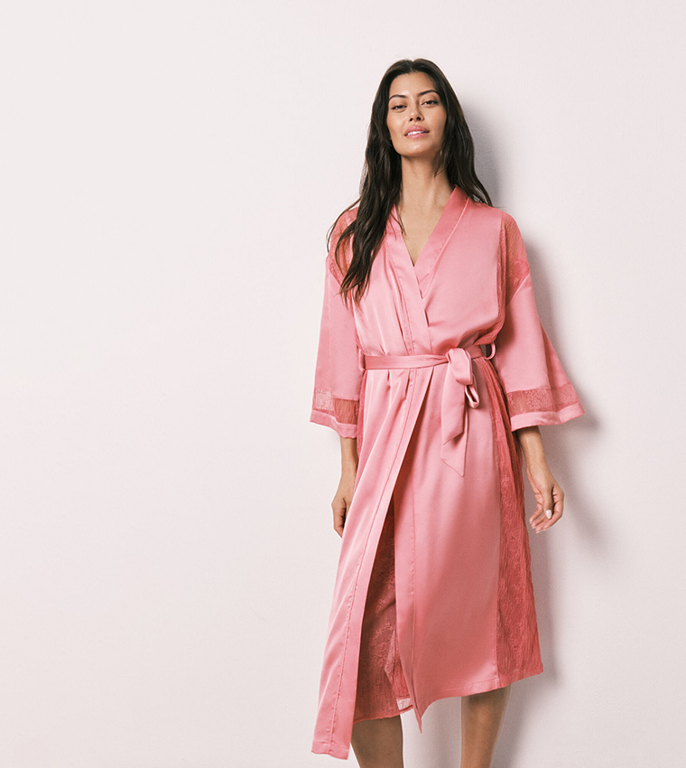 Satin Finish Lace Trim Night Robe