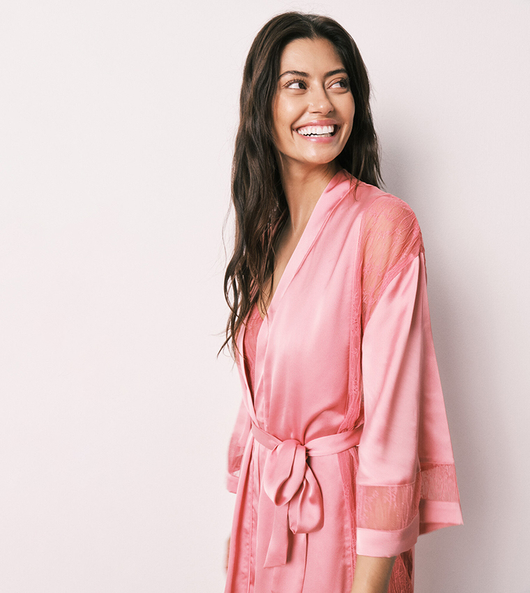 Satin Finish Lace Trim Night Robe