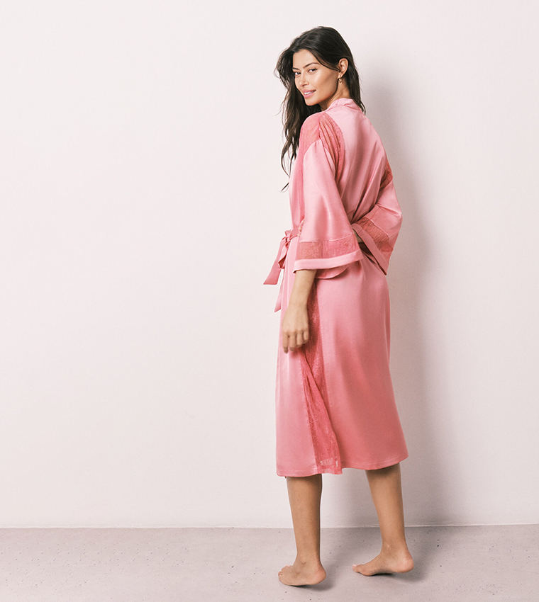 Satin Finish Lace Trim Night Robe