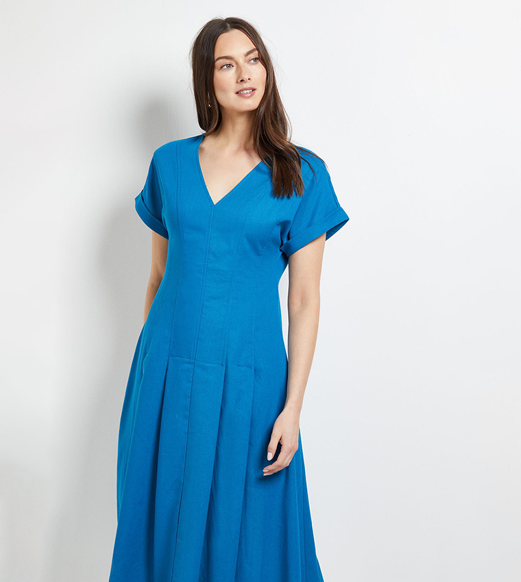 Linen Blend Pleated Detail Midi Dress