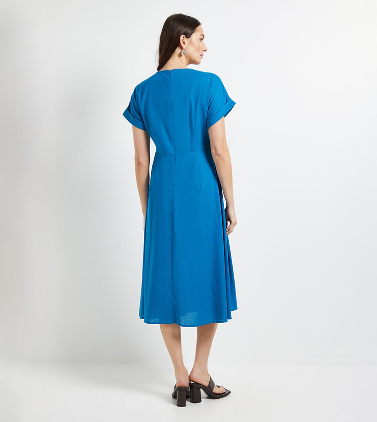 Linen Blend Pleated Detail Midi Dress