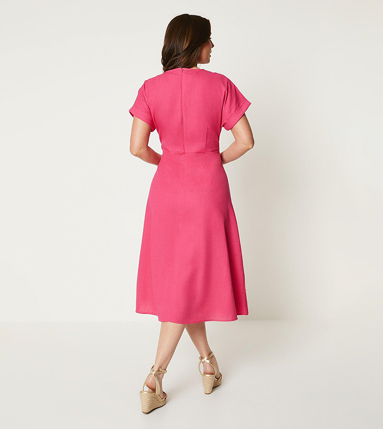 Linen Blend Pleat Detail Midi Dress