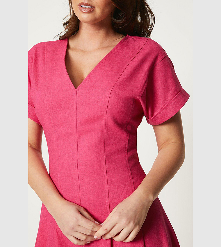 Linen Blend Pleat Detail Midi Dress
