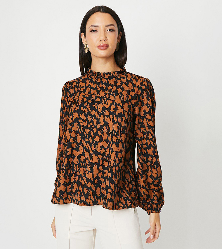 Neutral Abstract Print Blouson Sleeves Top