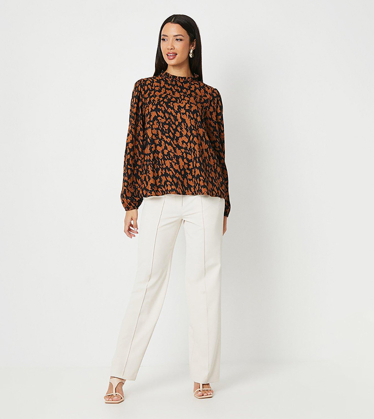 Neutral Abstract Print Blouson Sleeves Top
