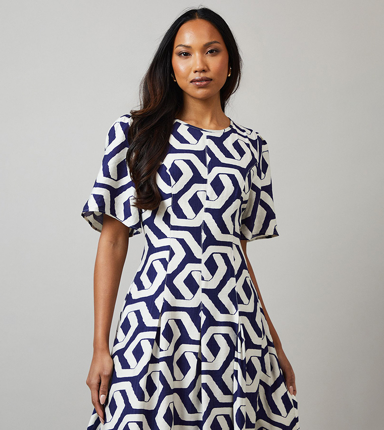 Geo Print Seam Detail Midi Dress