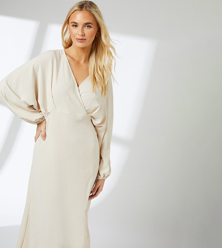 Textured Batwing Sleeves Midi Dress