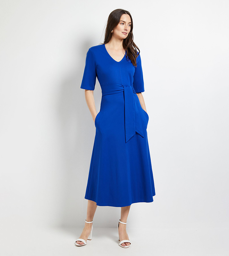 V-Neck Belted Ponte Midi Dress