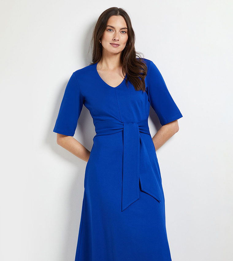 V-Neck Belted Ponte Midi Dress