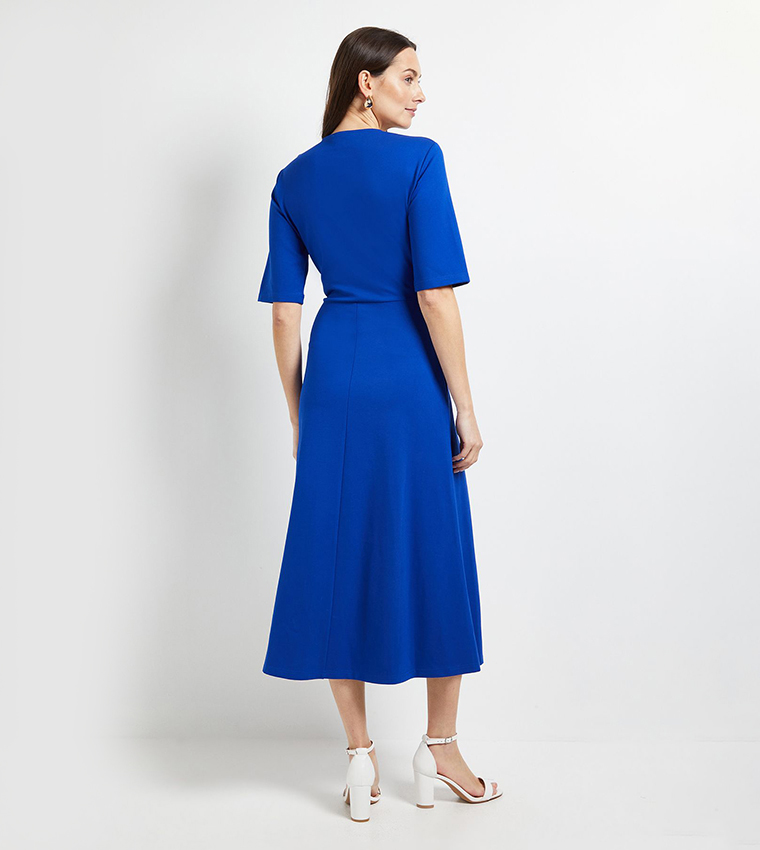 V-Neck Belted Ponte Midi Dress