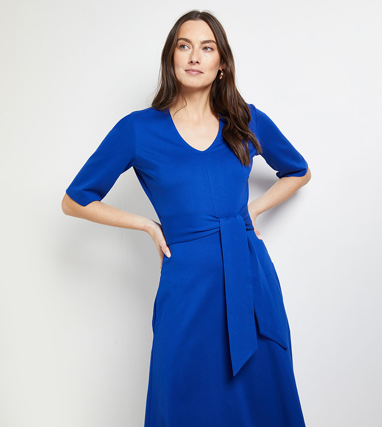 V-Neck Belted Ponte Midi Dress