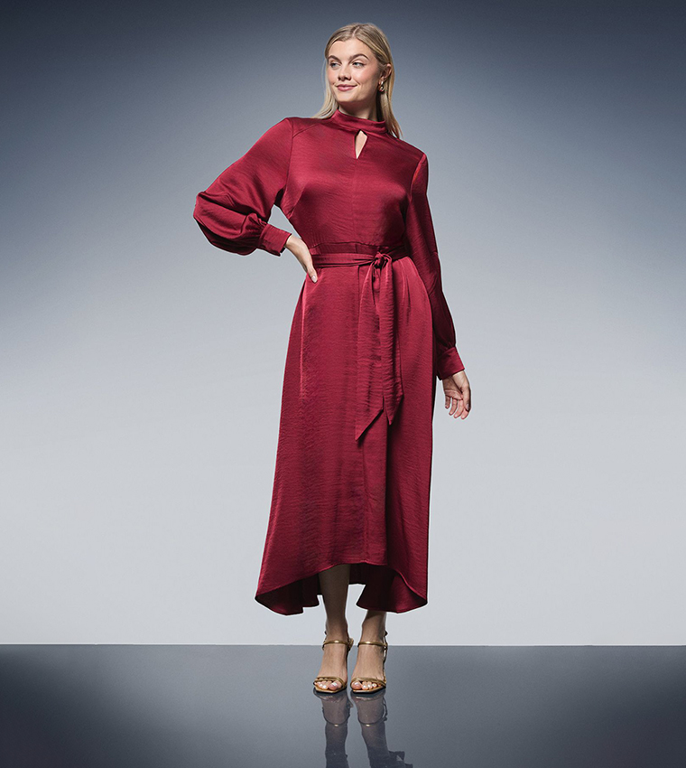 Belted High Neck Satin Midi Dress