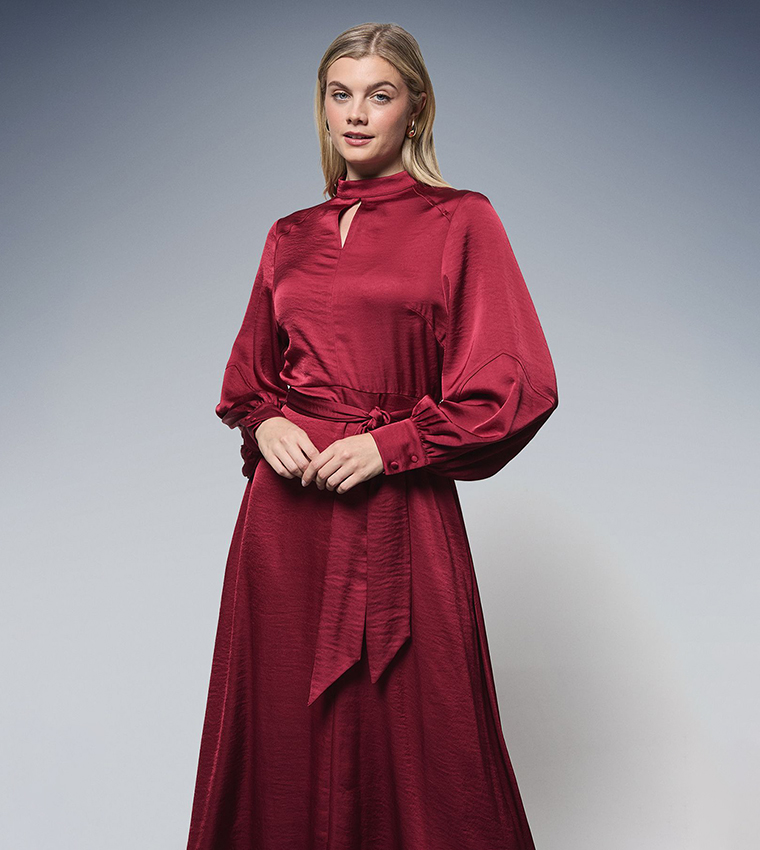 Belted High Neck Satin Midi Dress