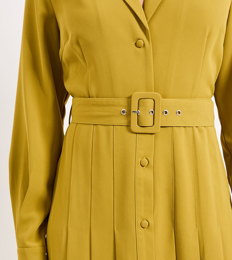 Pleat Skirt Belted Shirt Dress