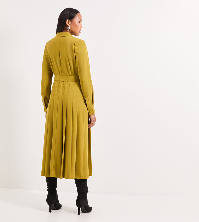 Pleat Skirt Belted Shirt Dress