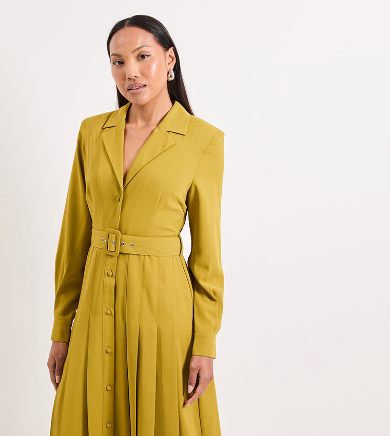 Pleat Skirt Belted Shirt Dress