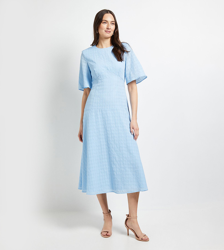 Drop Waist Fit & Flared Jacquard Midi Dress