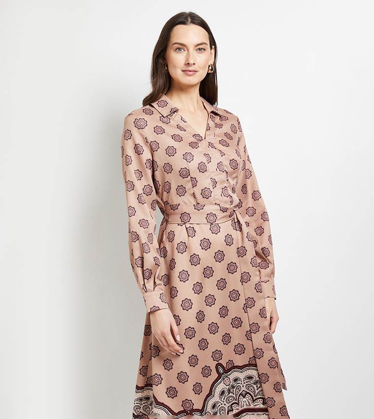 Printed Contrast Collar Midi Shirt Dress