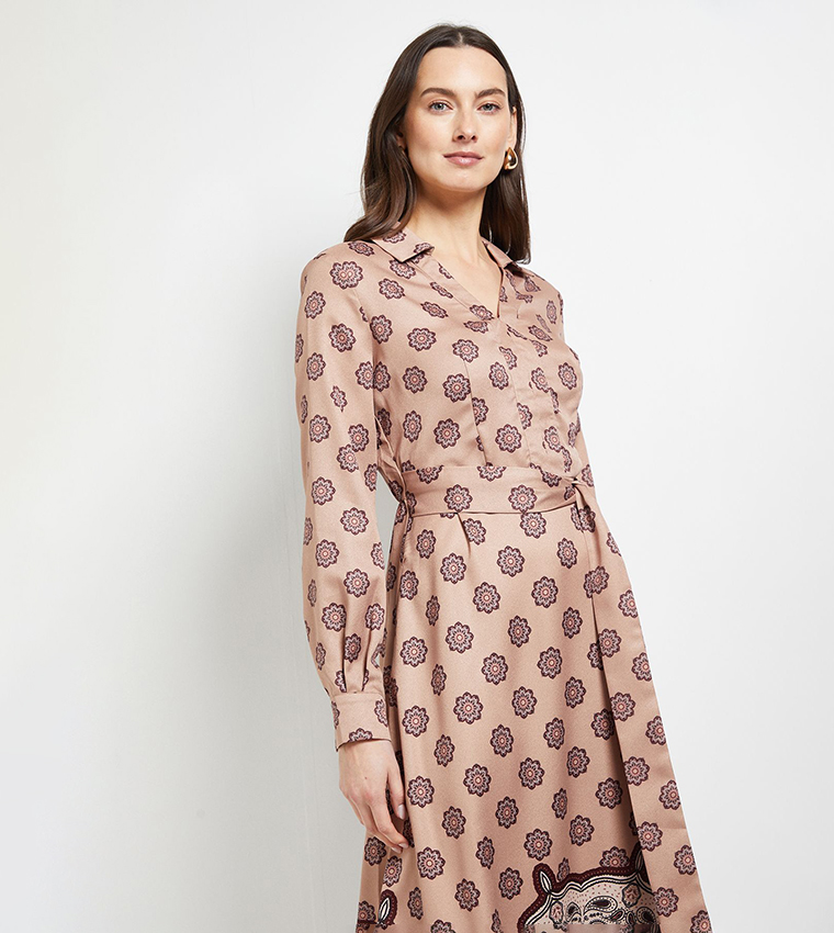 Printed Contrast Collar Midi Shirt Dress