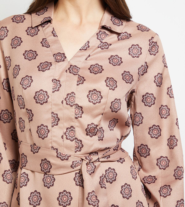 Printed Contrast Collar Midi Shirt Dress