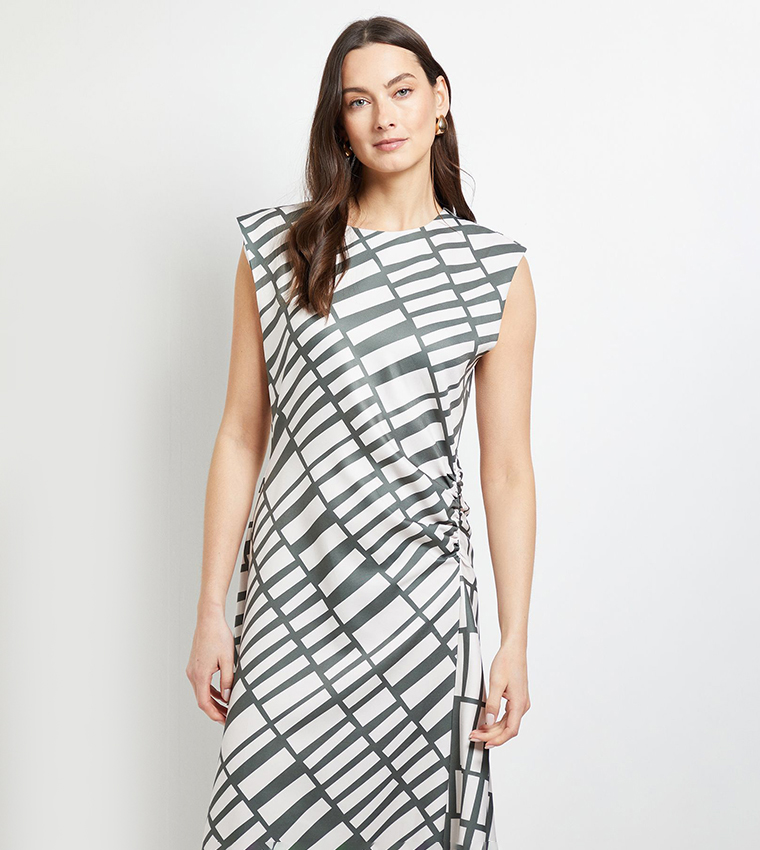 Ruched Side Asymmetric Sleeves Midi Dress