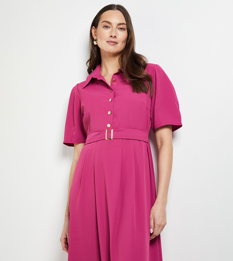 فستان قميص ميدي بكم واسع وحزام