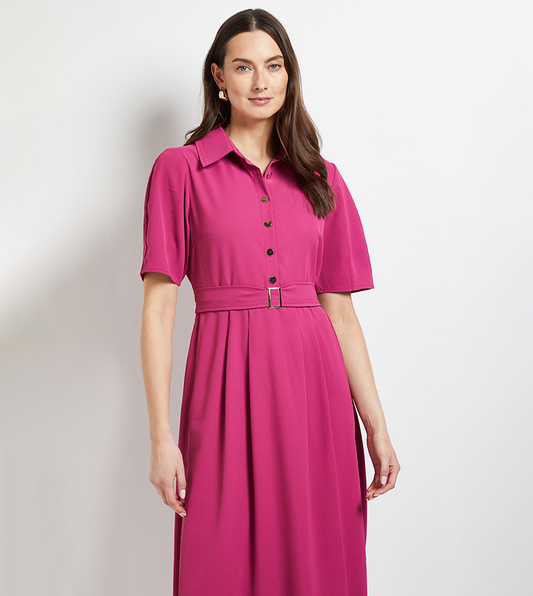 فستان قميص ميدي بكم واسع وحزام