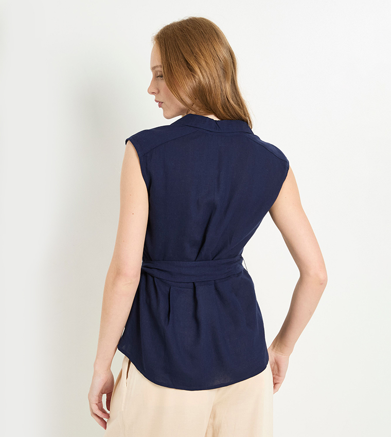 Collared Belted Linen Blend Top