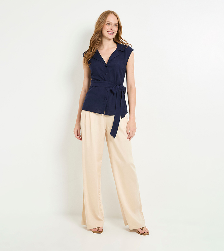 Collared Belted Linen Blend Top