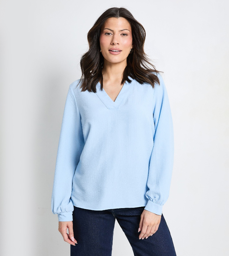 Bubble Crepe V-Neck Long Sleeves Top
