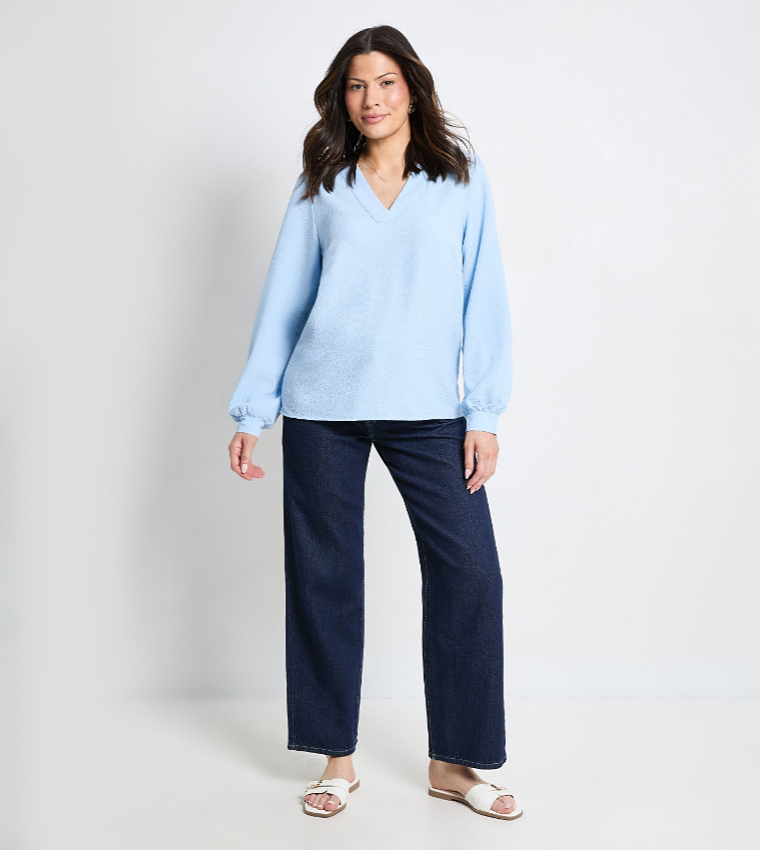 Bubble Crepe V-Neck Long Sleeves Top