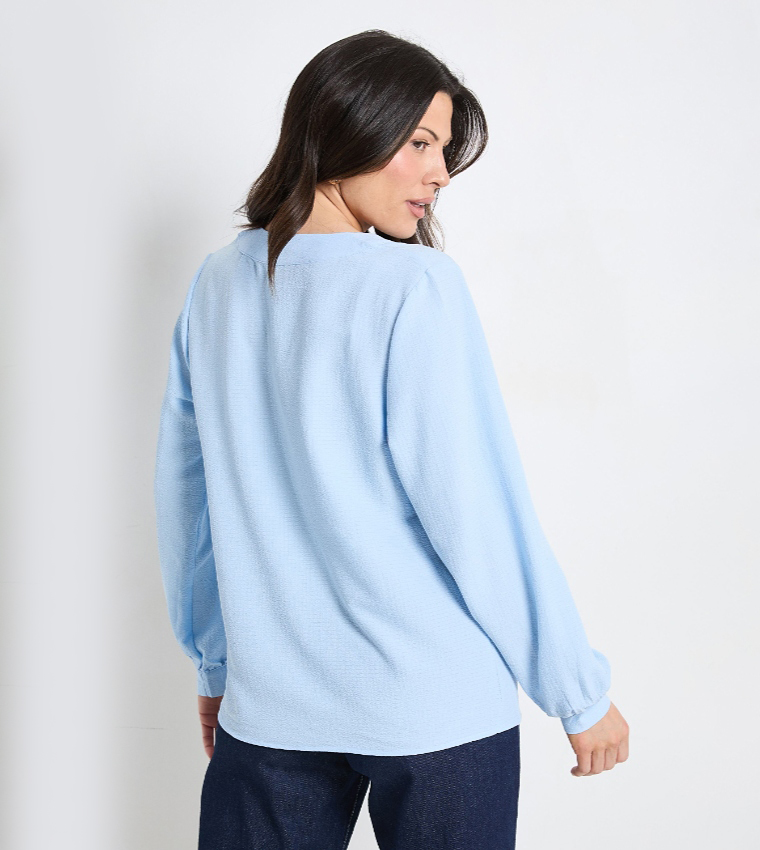 Bubble Crepe V-Neck Long Sleeves Top