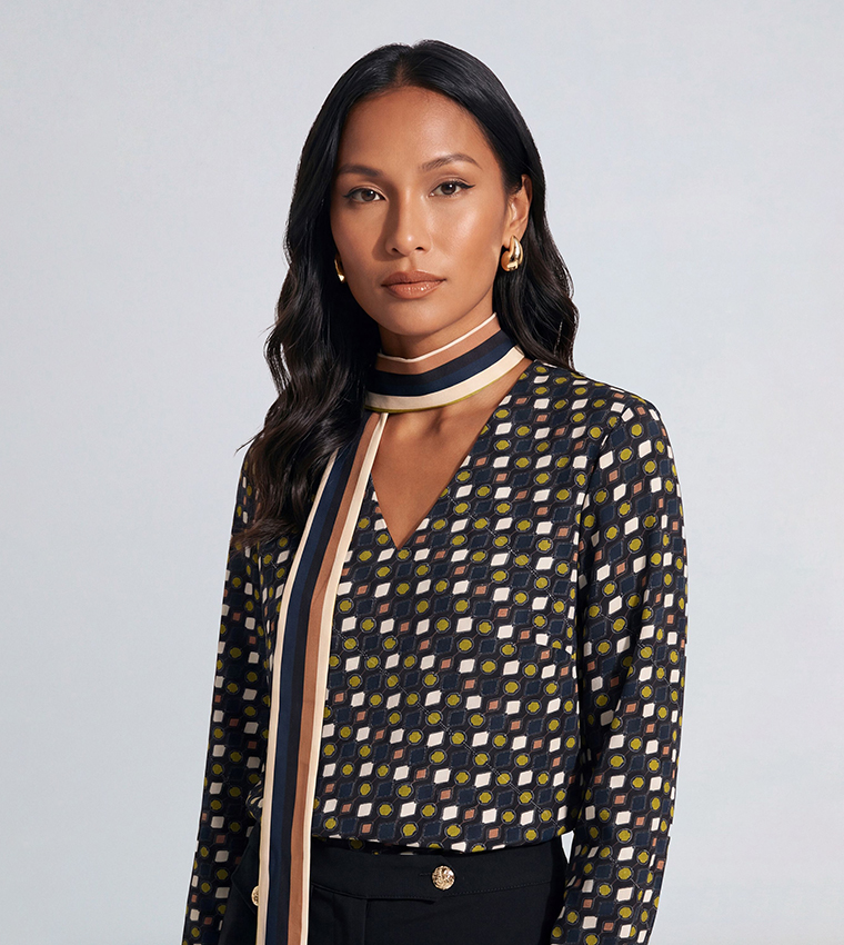 Fluid Geo Printed Scarf Detail Long Sleeves Top